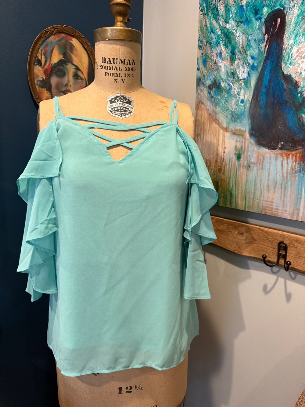 Cold-Shoulder Ruffle Blouse with Strappy V-Neck in Light Aqua